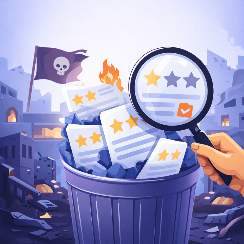 Magnifying glass examining 1-star reviews from a trash can—turning competitor failures into your advantage